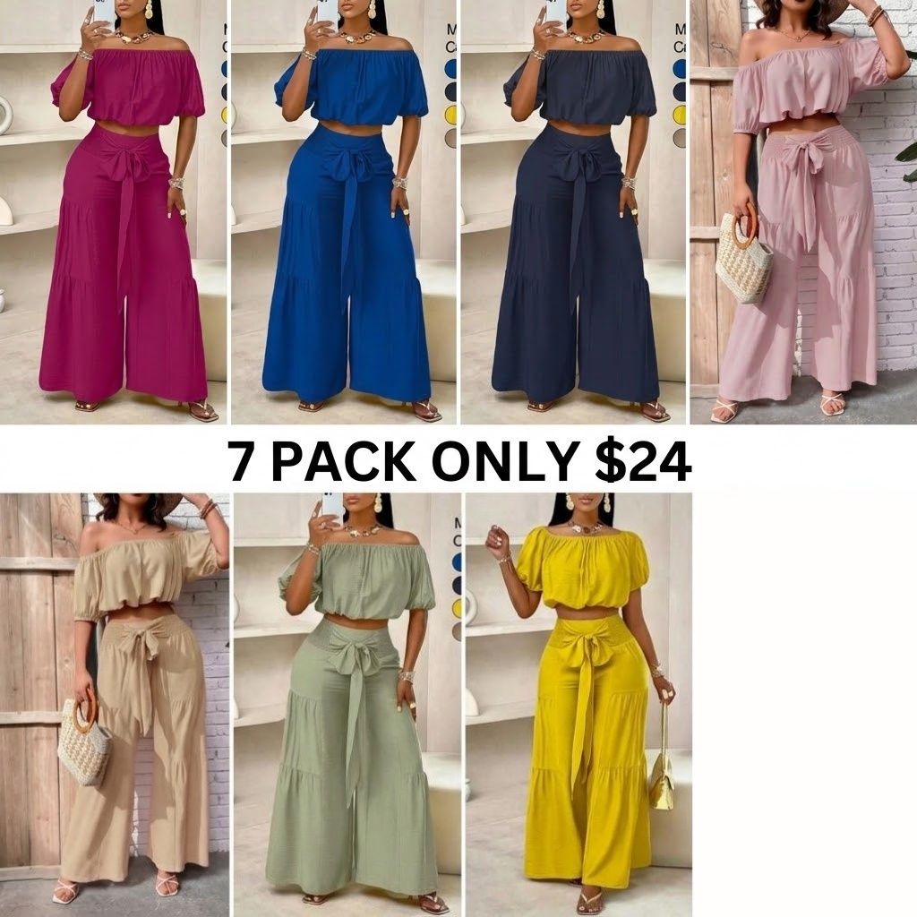 Women's Solid Color Top & Wide Leg Pants Set, Casual Off Shoulder Top & Palazzo Pants for Summer, Ladies Clothes for Beach Holiday Vacation, Womenswear