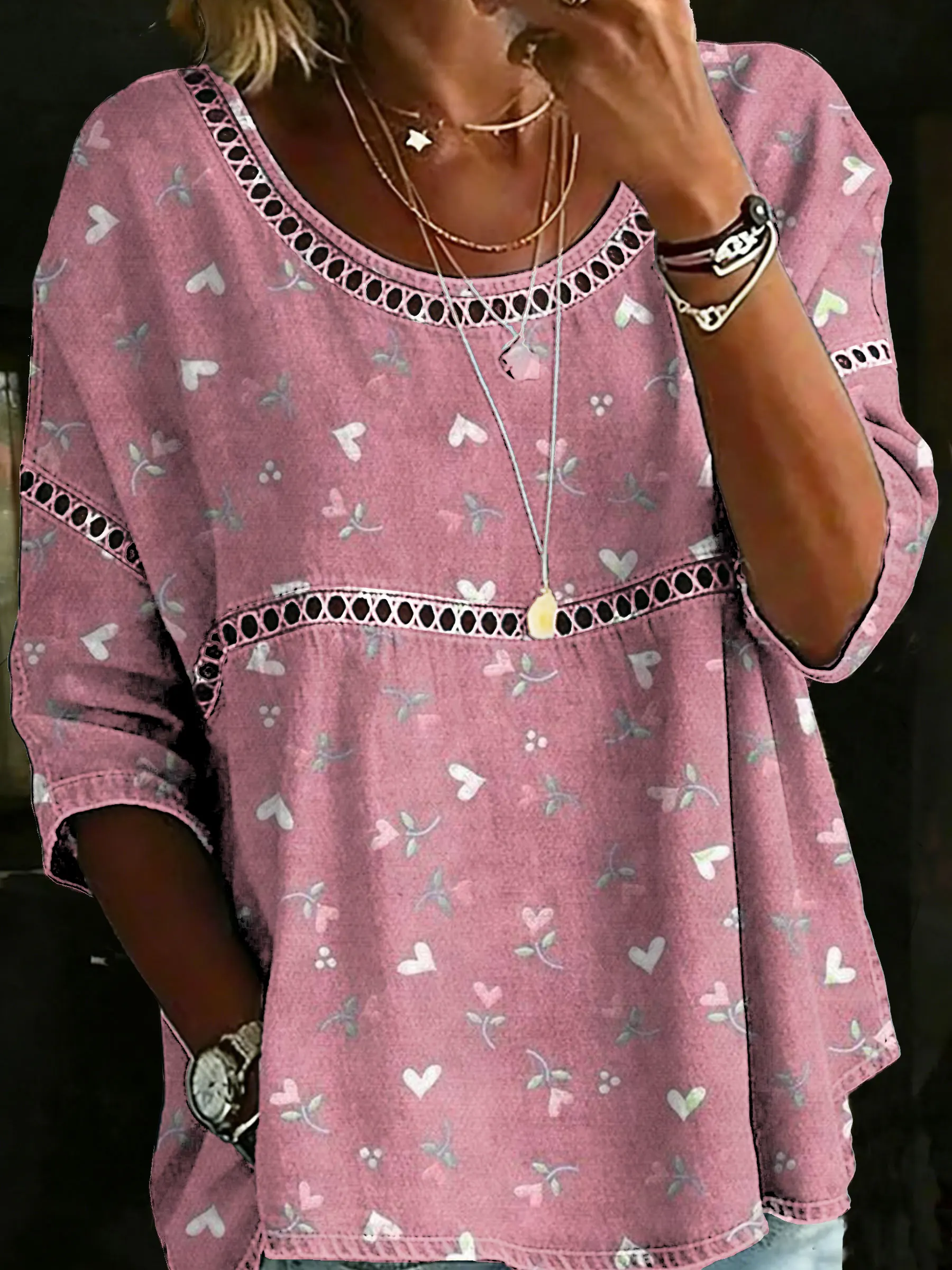 Women's Vintage Pink Floral Casual Loose Denim Blouse Shirt