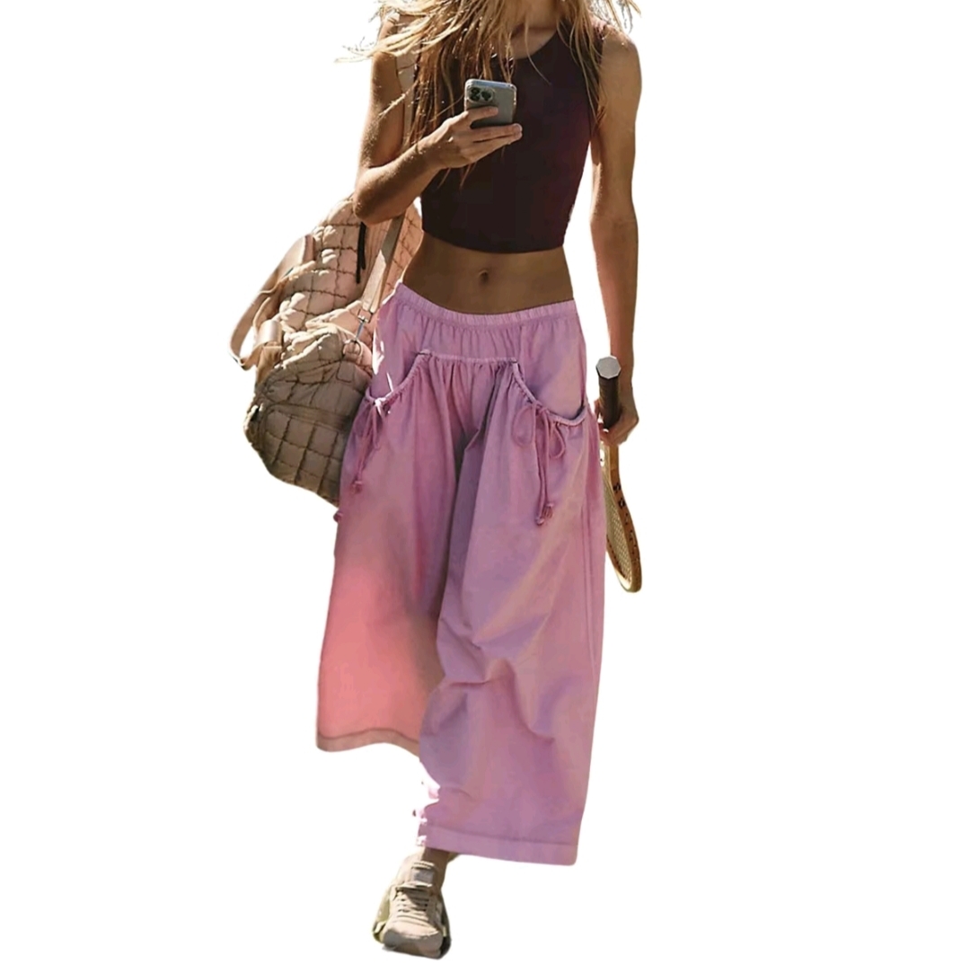 Women’s Loose Fit Wide Leg Track Pants – Elastic Waist Capris with Drawstring & Pockets for Hiking & Daily Wear