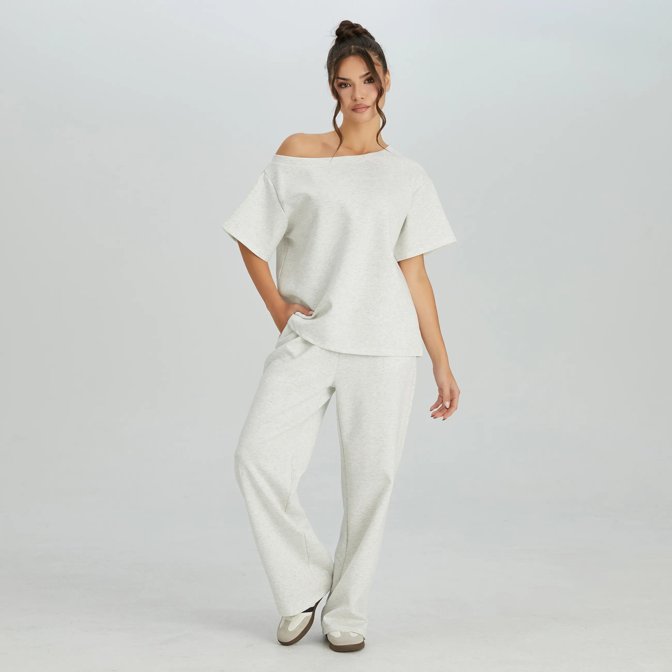 Women's Leisure Solid Color Sloping Shoulder Short Sleeve Top & Drawstring Waist Wide Leg Trousers Co-ord