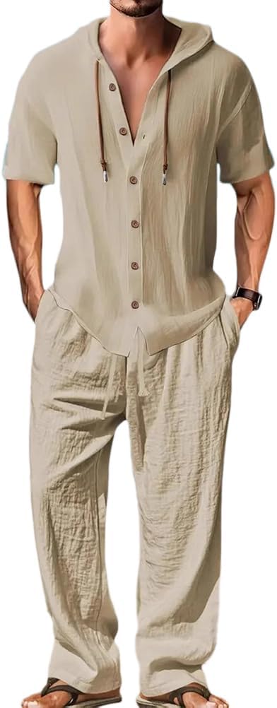 Men's Lightweight Hooded Two-Piece Set - Casual Vacation Loose Sweatshirt & Wide-Leg Pants for Summer