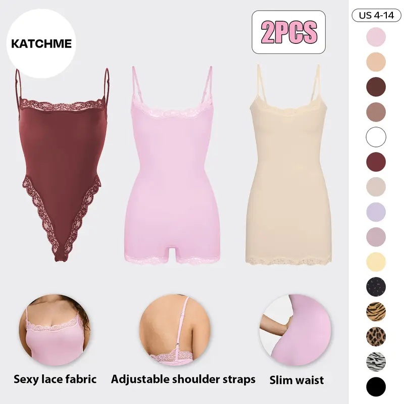 KatchMe Lace Series Women's Simple Style Spaghetti Strap Lace Trim Breathable Bodysuit