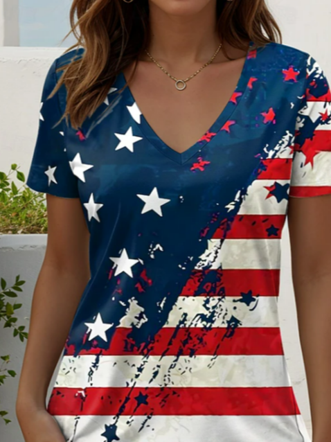 Women's Short Sleeve T-shirt Summer As Picture Star Printing V Neck Holiday Going Out Vintage Top