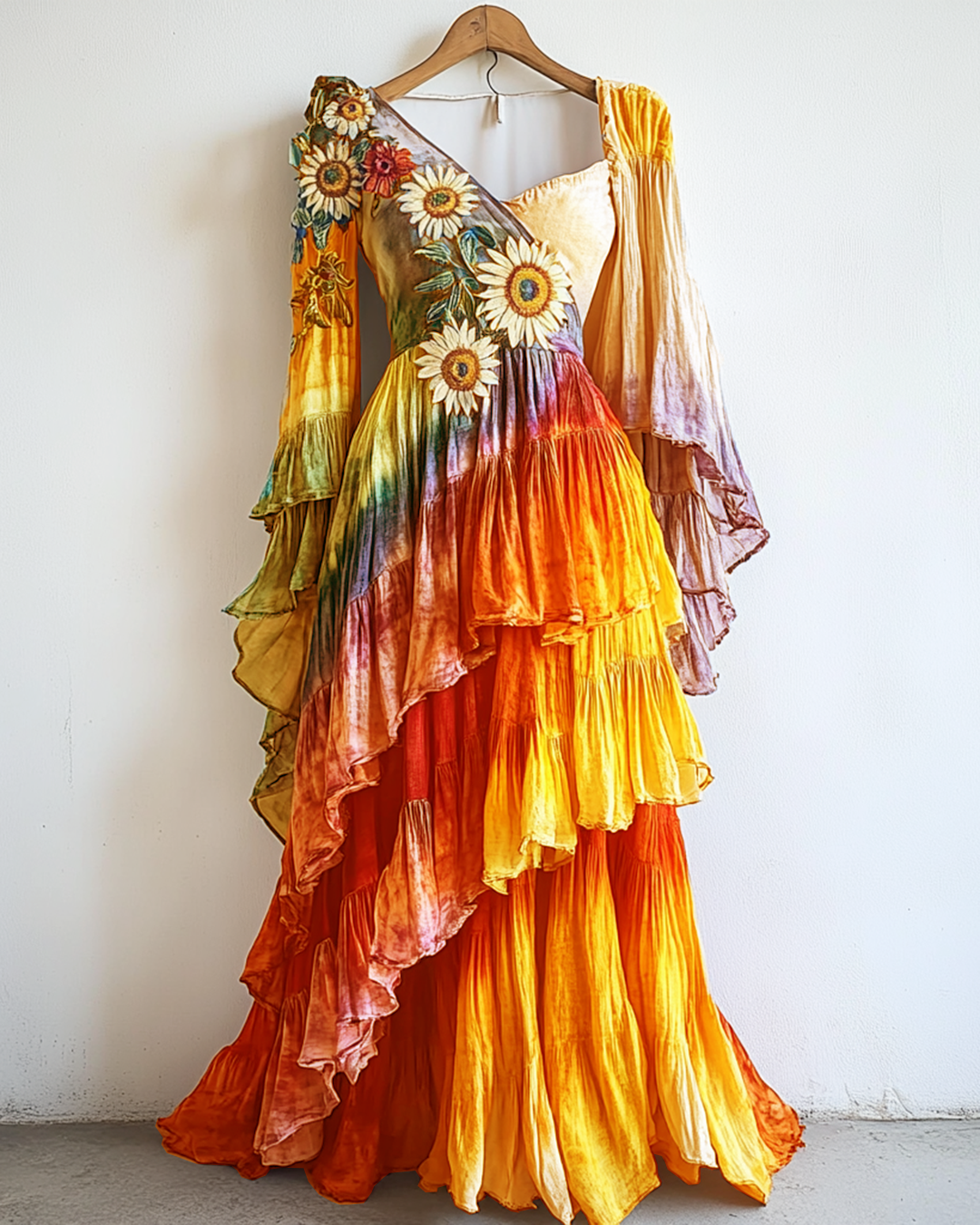 Rainbow Linen Ruffle Daisy Embroidery Irregular Dress 4d6d