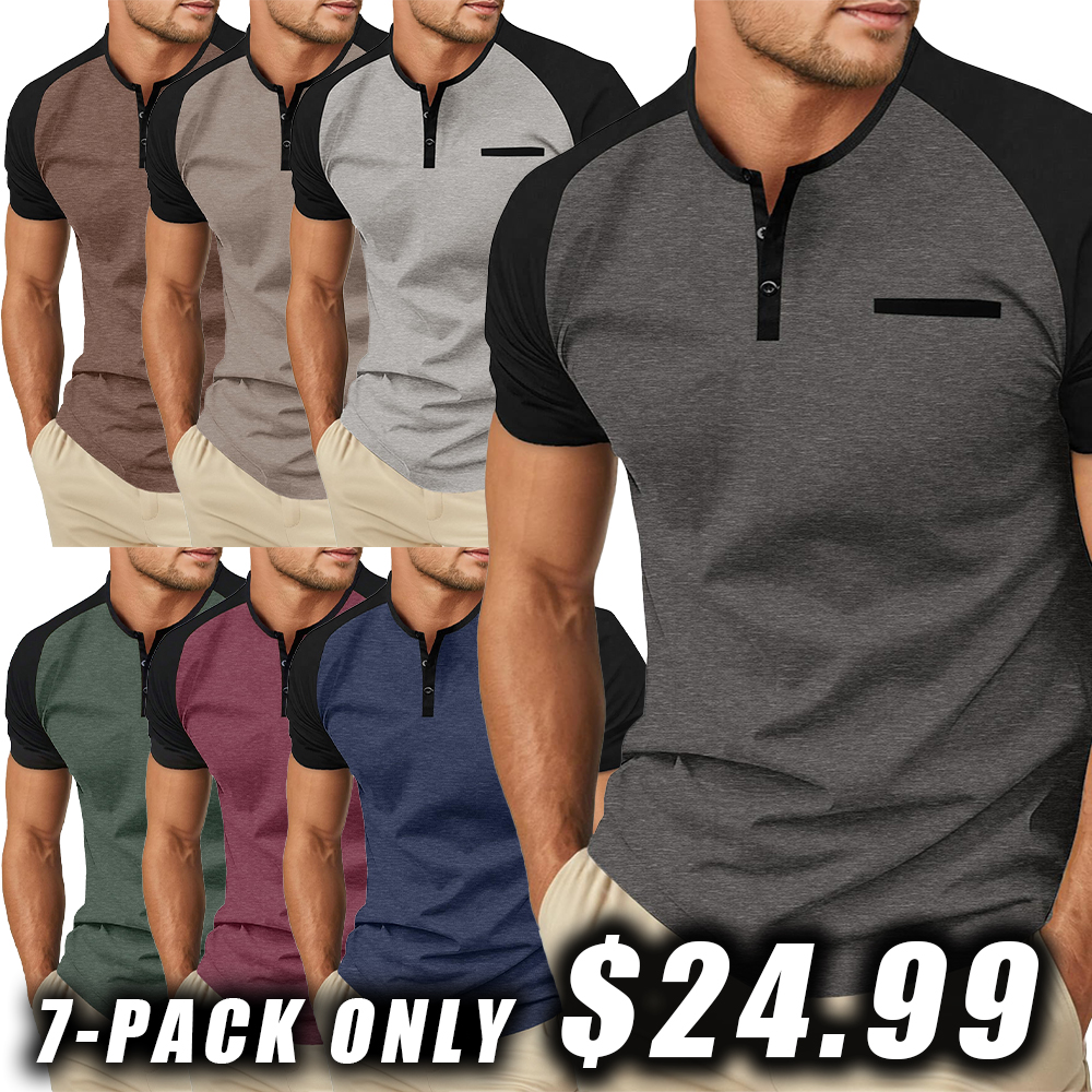 Mens Cotton Henley Shirts Short Sleeve Casual T-Shirts Summer Button T Shirts with Pocket