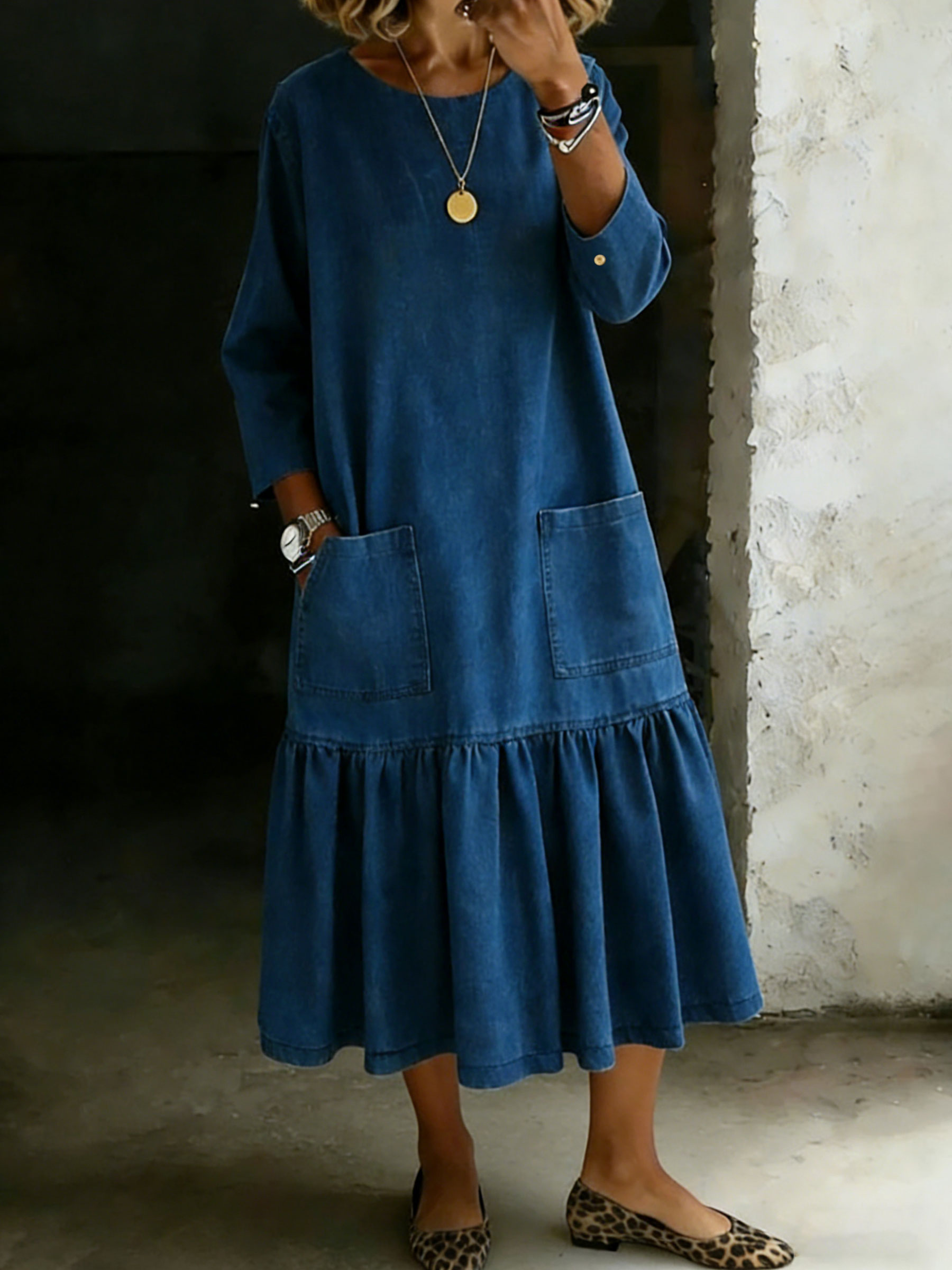 Women's Vintage Crew Neck Long-sleeved Casual Loose Denim Dress