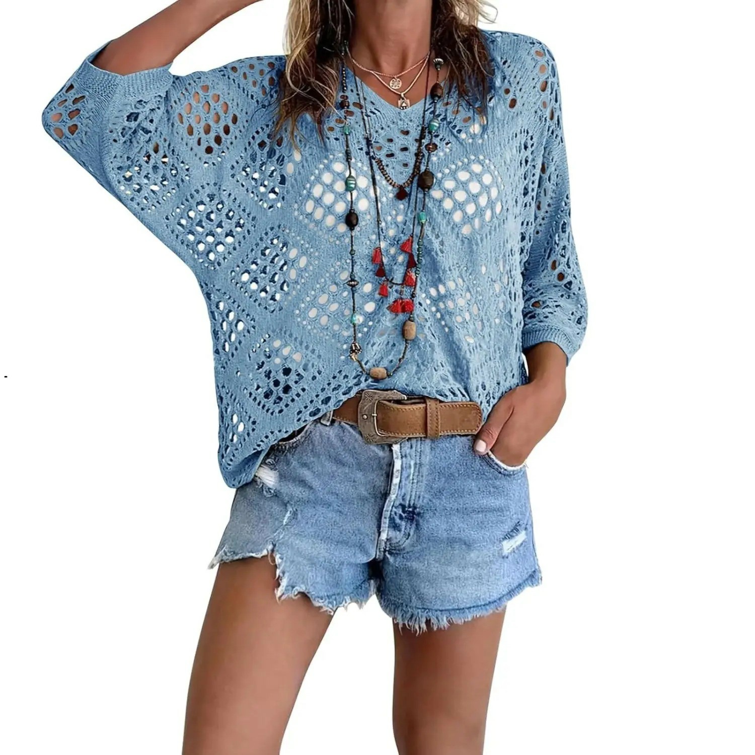 🔥【Stock Up Deals】Women's Bohemian-Inspired Beige Crochet Top with V-Neck