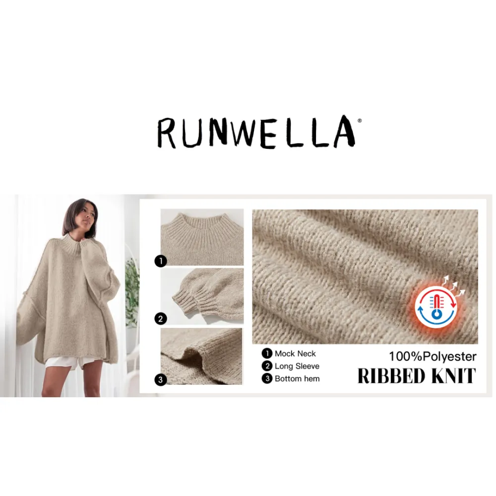 ✨Womens Oversized Mock Neck Batwing Long Sleeve Ribbed Knit Casual Tunic Sweater🔥