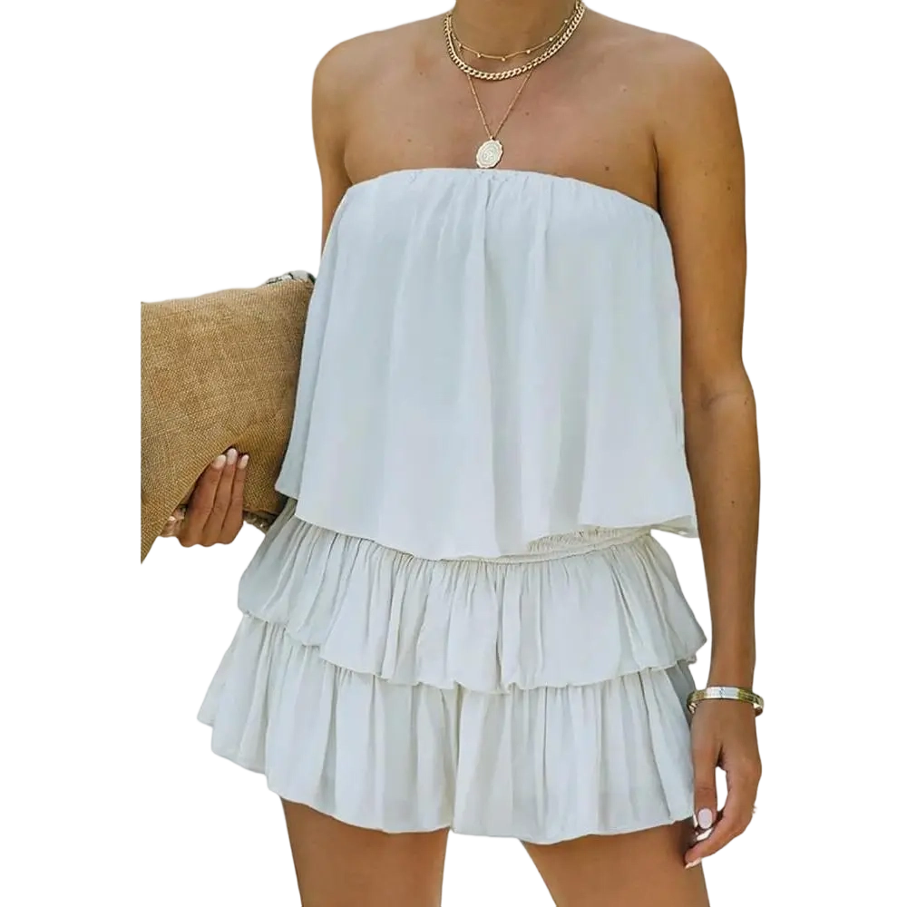 Women Off The Shoulder Romper Flowy Strapless Smocked Jumpsuit Playsuits Dress