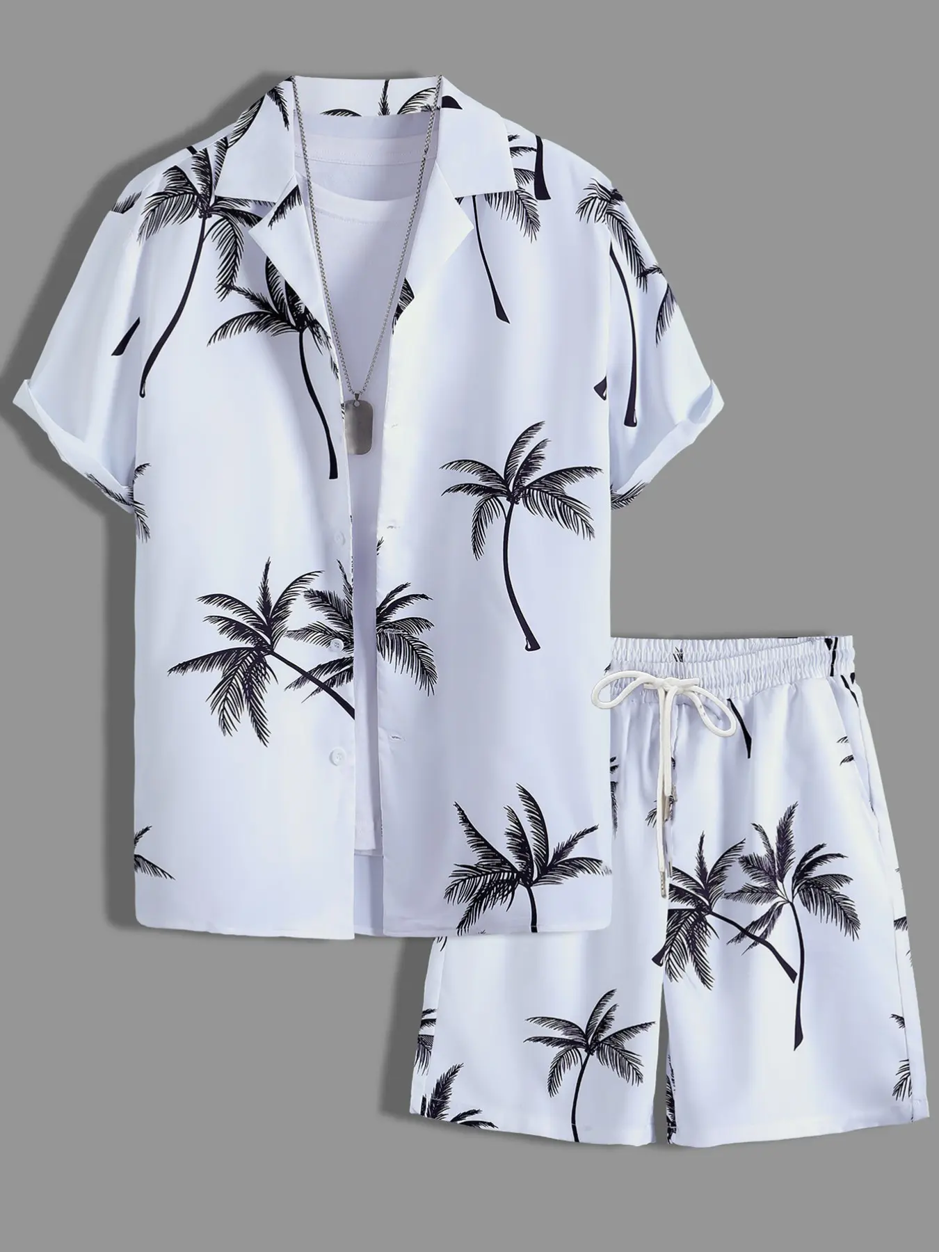 Tropical Palm Tree Print Loungewear Set, Shorts Pyjama Set - Short-Sleeve Button-Up Shirt (Rolled Cuffs) + Drawstring Shorts