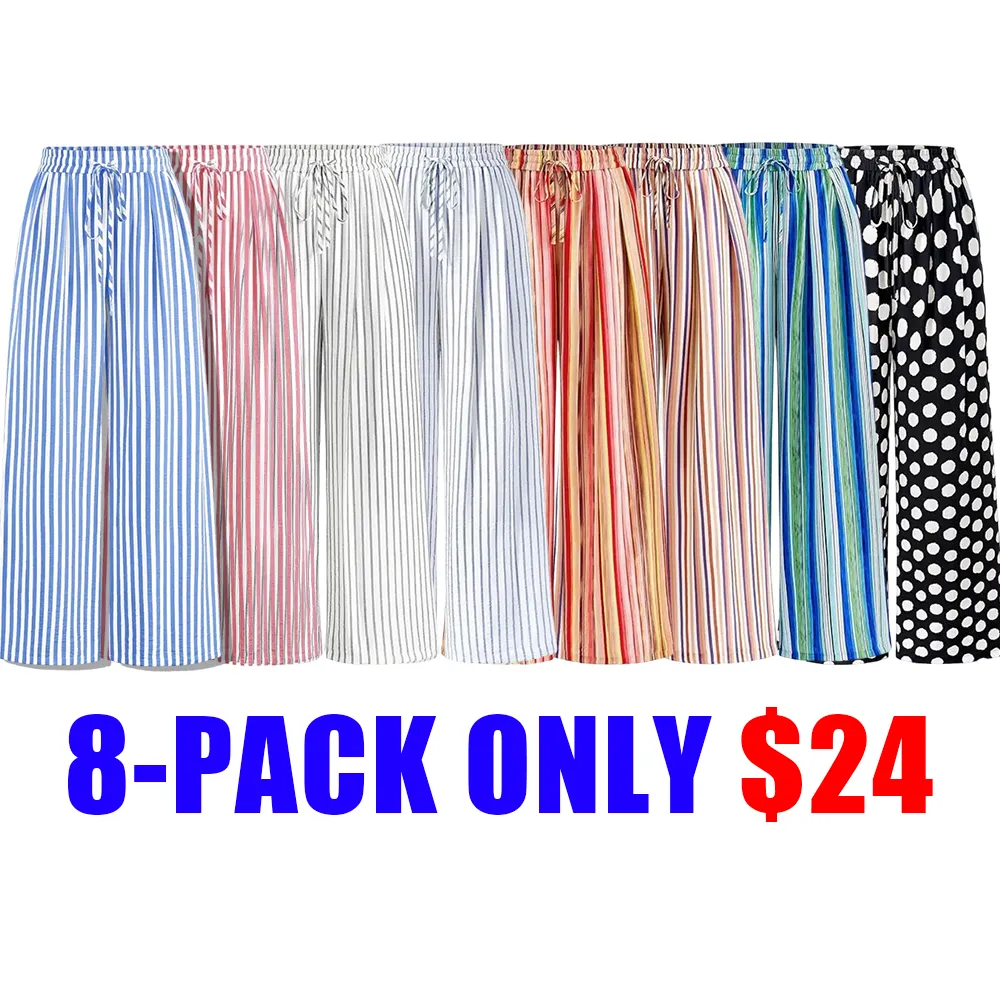 Women’s Elastic Waist Wide Leg Palazzo Pants with Pockets – Lightweight Striped & Floral Casual Lounge Trousers