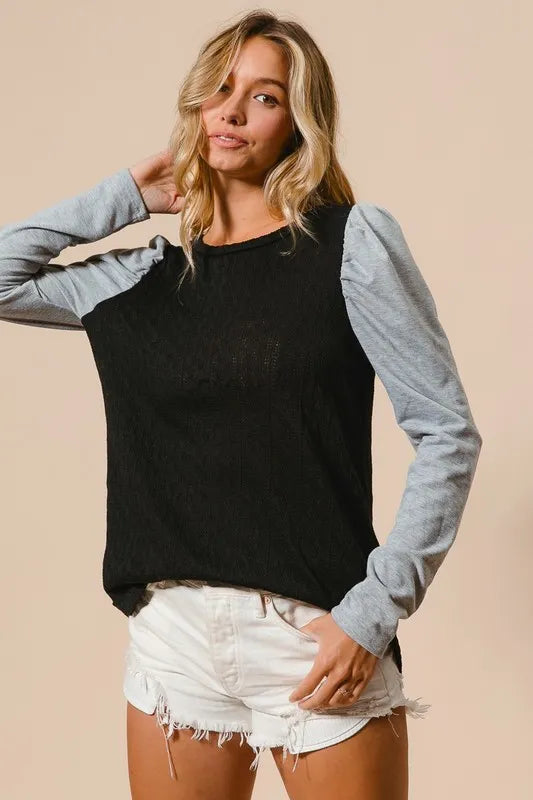 Cable Sweater Knit Top with Contrast Puff Sleeve