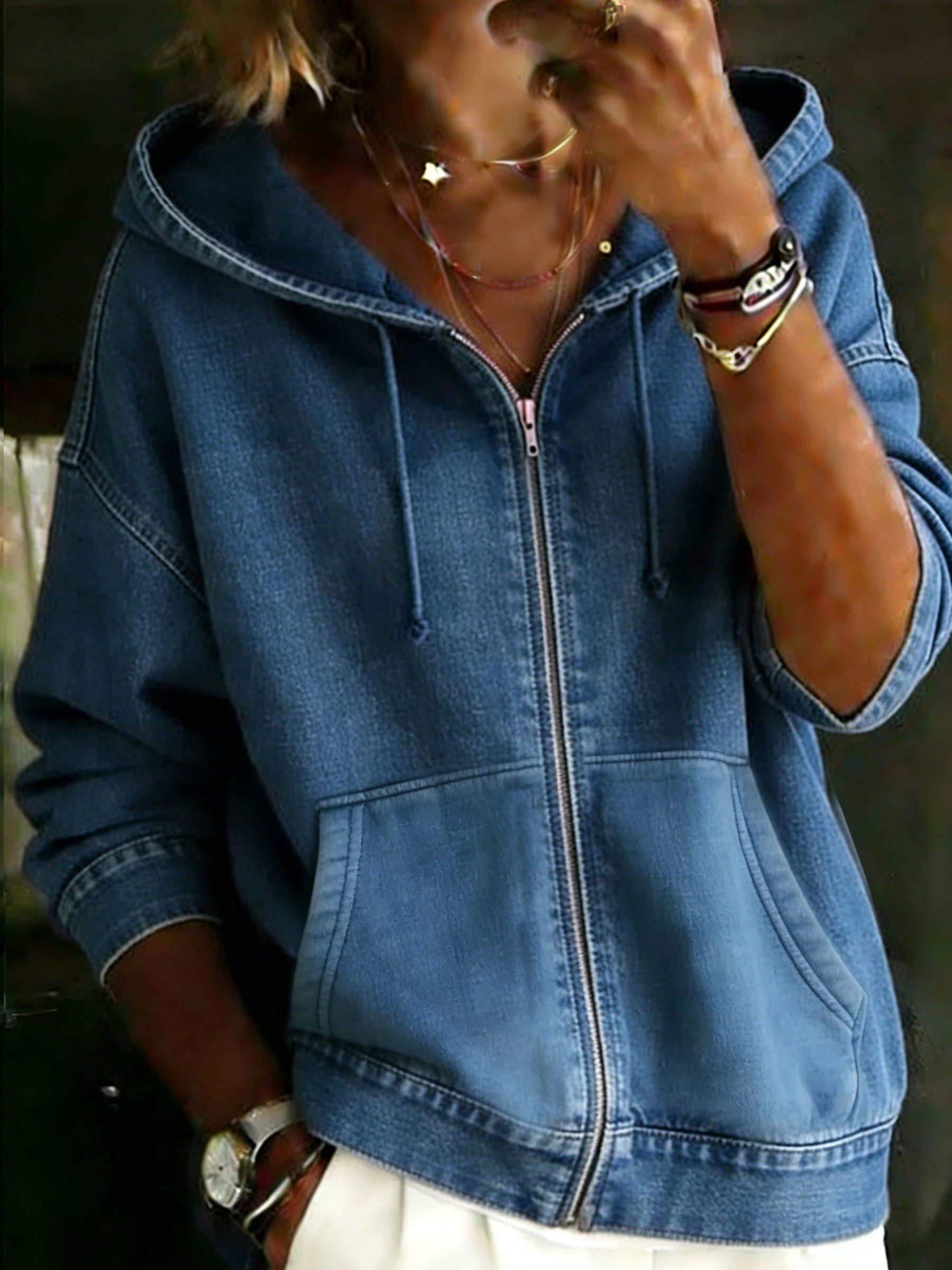 Women's Casual Long Sleeve Poket Denim Zipper Hoodie Coat