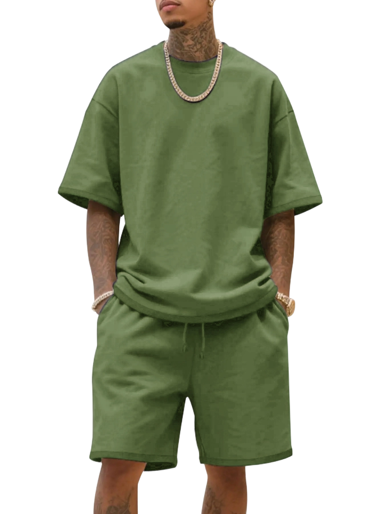 Men's Summer Casual Set, Pure Color Round Neck Short Sleeve Knit Tee & Shorts, Classic Loose Fit Sportswear