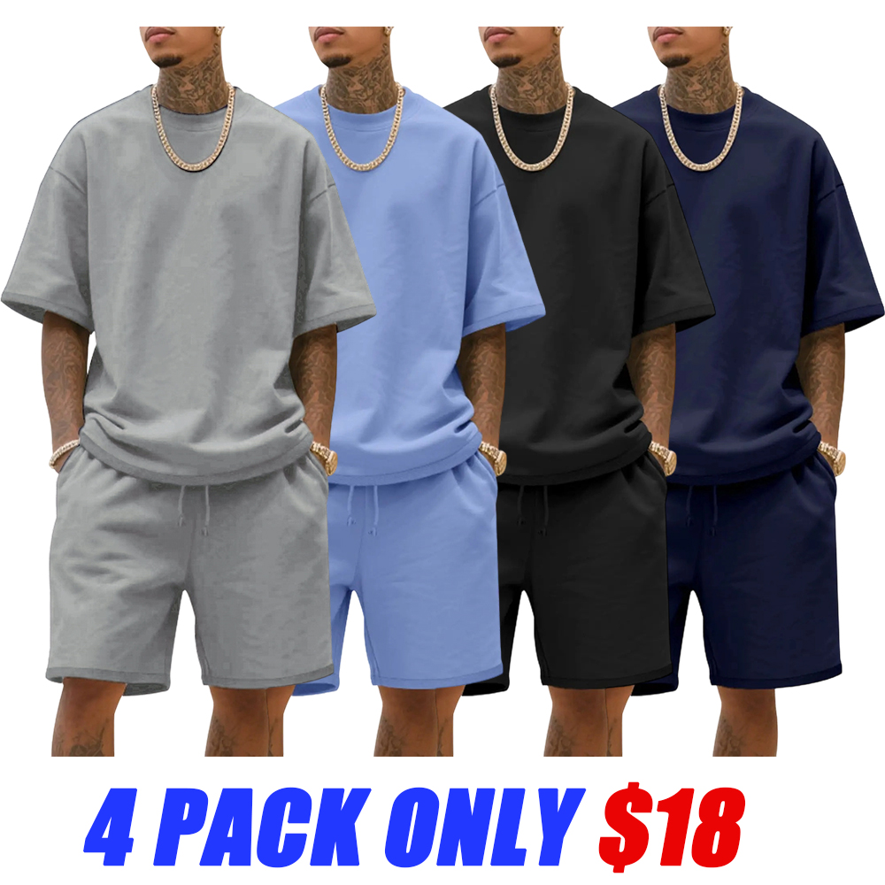 Men's Summer Casual Set, Pure Color Round Neck Short Sleeve Knit Tee & Shorts, Classic Loose Fit Sportswear
