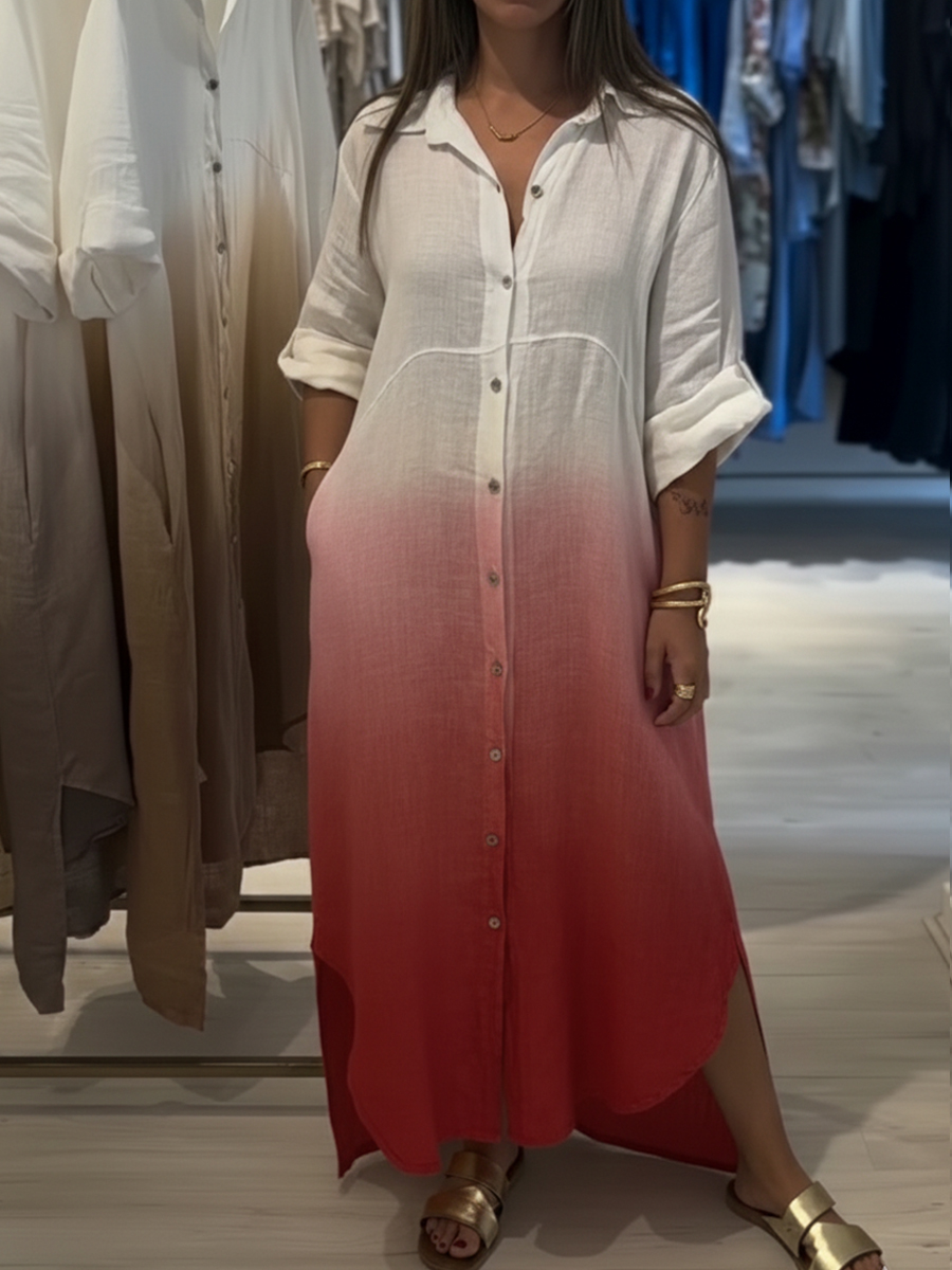 Casual Gradient Color Linen And Cotton Shirt Dress