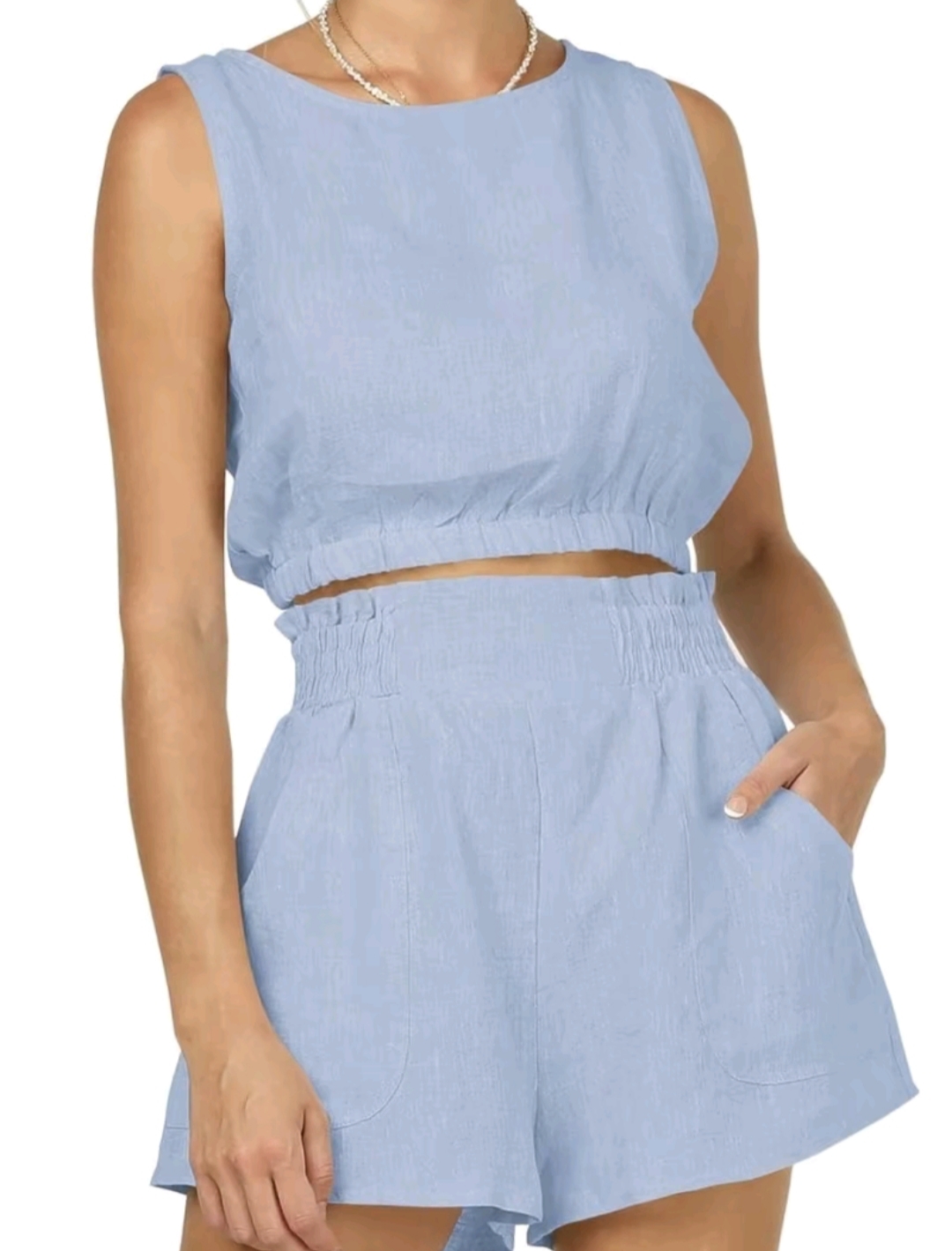 FISOEW Women's 2pcs Summer OutfitsSleeveless Crop Tank Top and High WaistPocketed Shorts Loose 2 Piece Short SetsClothes Suit 2 piece sets women CasualWomenswear Shirts Vest Cropped Breathable