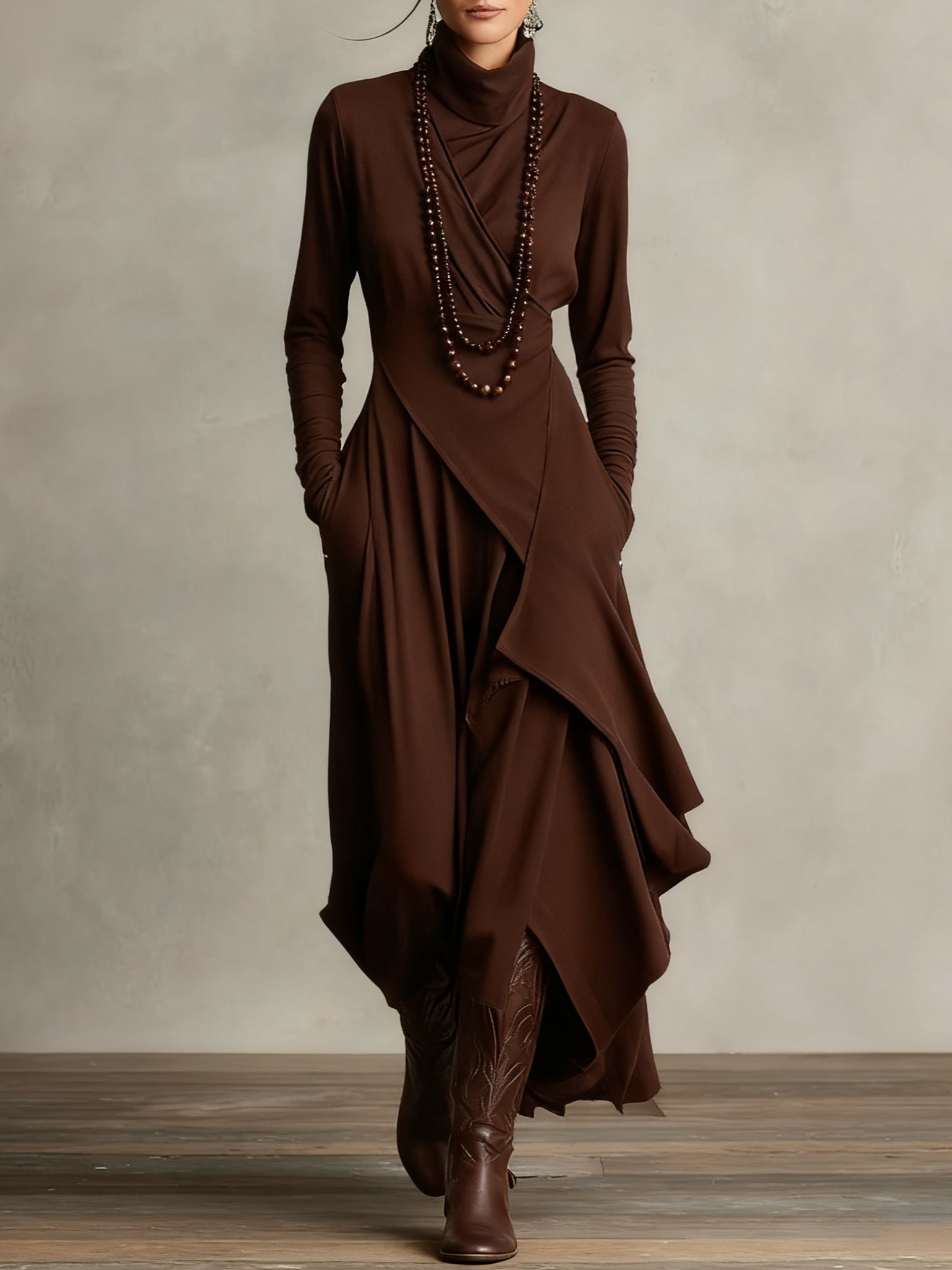 Purple High-neck Asymmetrical Pleated Maxi Dress(Necklace not included)