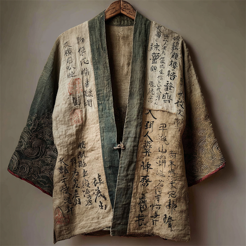 Japanese Ancient Calligraphy Patchwork Linen Kimono