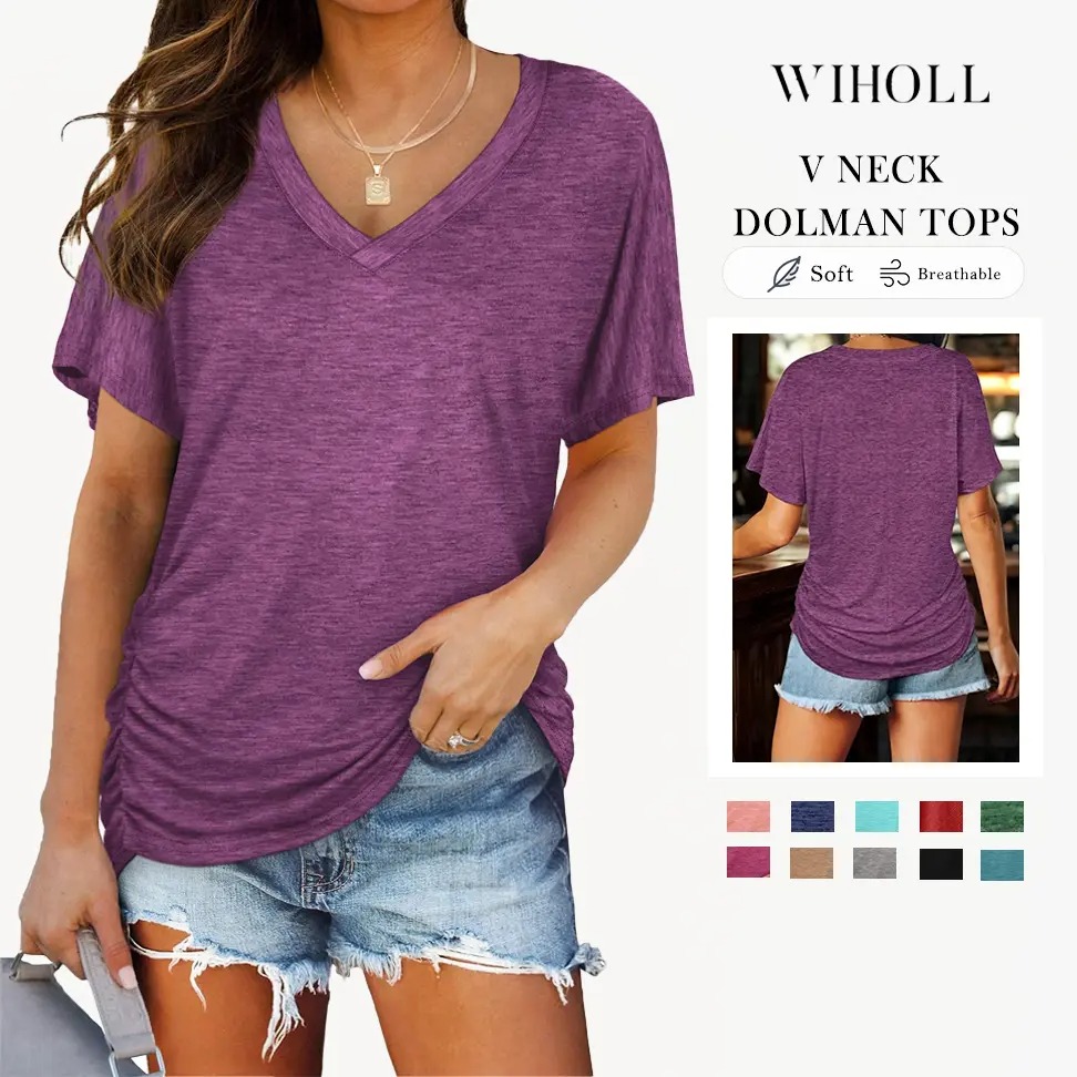 Women's Short Sleeve V Neck Dolman Tops with Side Shirring Loose Fit Shirts Spring Statements