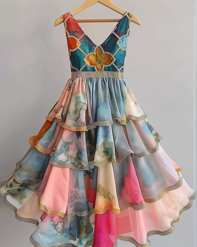 Summer vacation handmade gilded chiffon dress  93c2