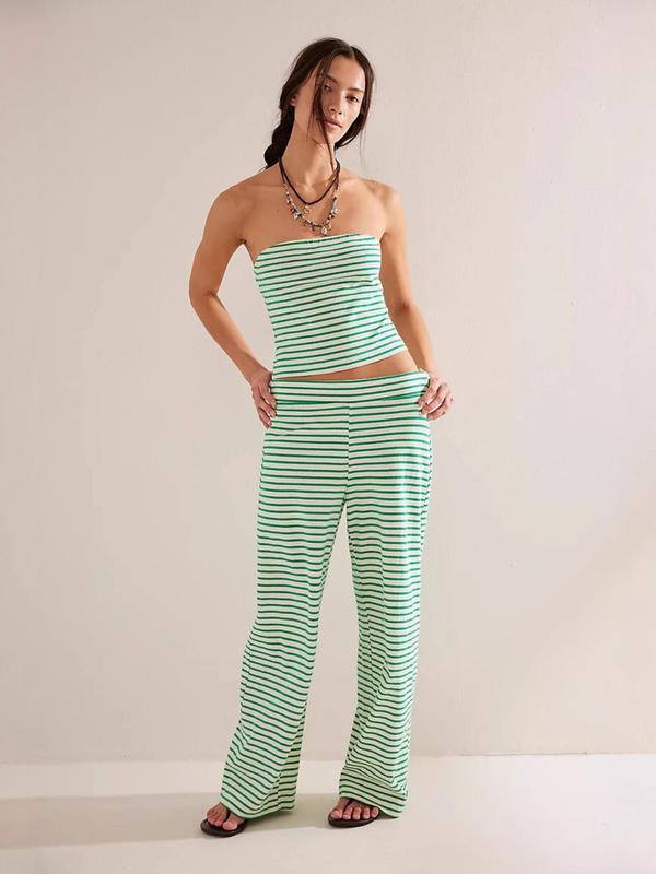 Women's Striped Print Crop Tube Top & Wide Leg Pants Set, Street Fashion Casual Two-piece Set for Daily Wear, Ladies Summer Clothes, Womenswear