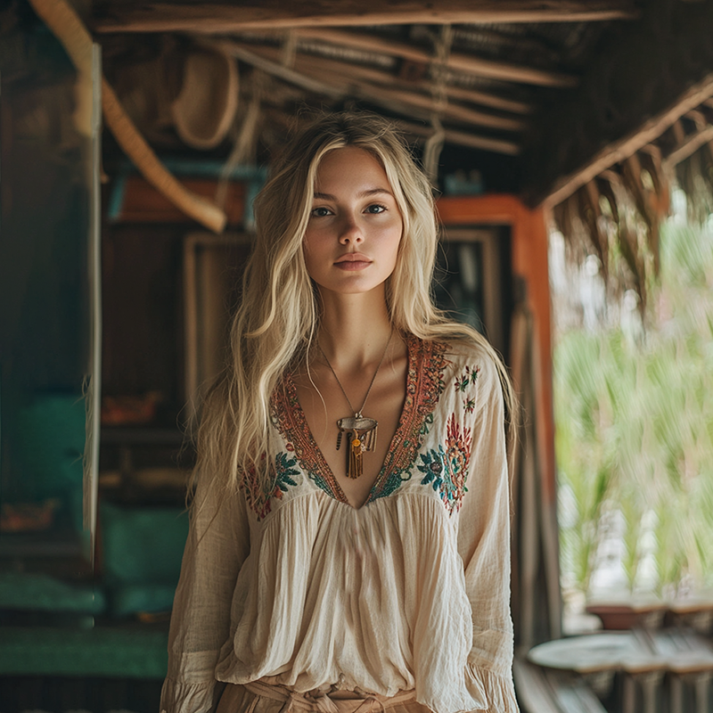 Retro Boho Tribal Art Embroidery Print Cotton And Linen V-neck Loose Shirt 7eca