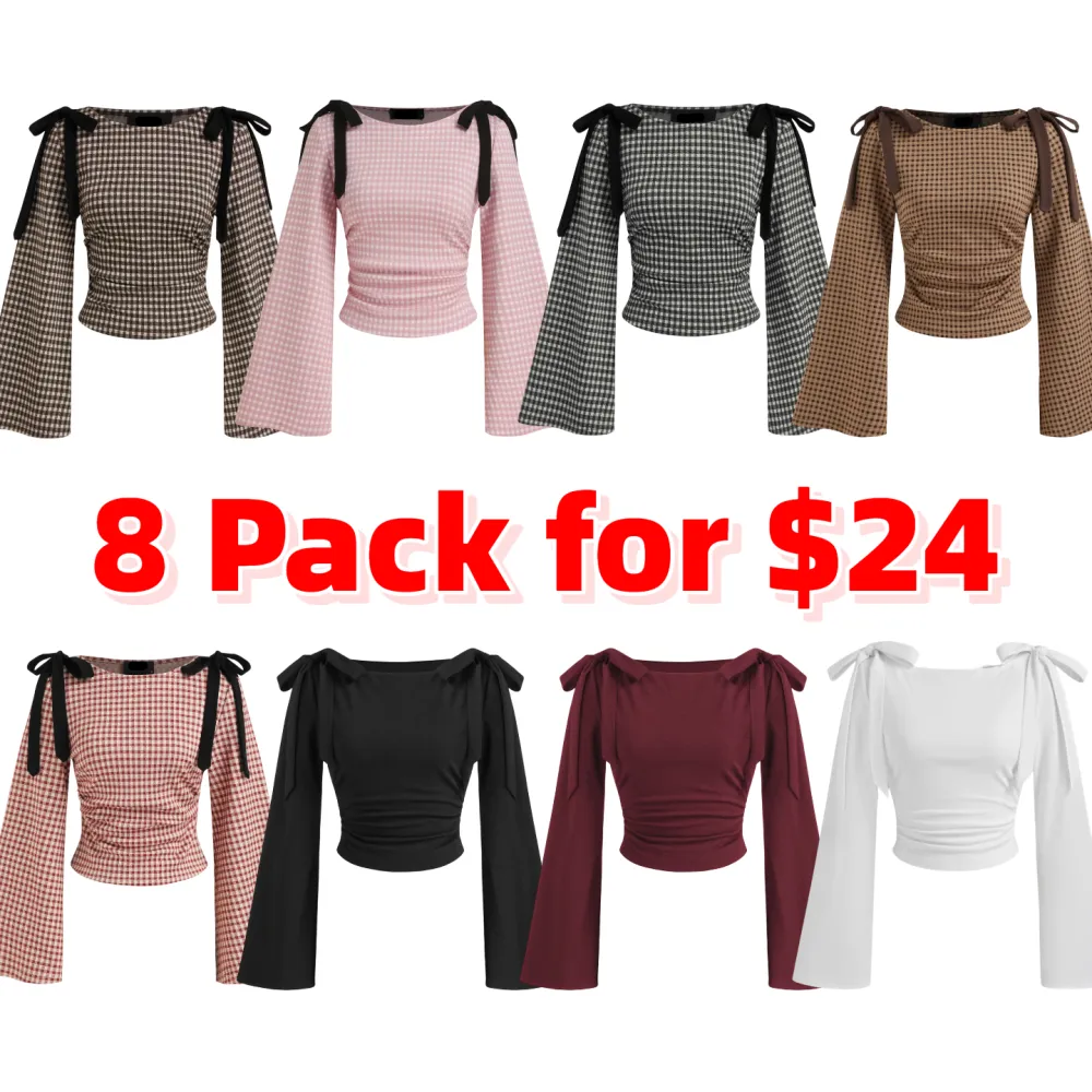 Boat Neck Gingham Bowknot Ruched Long Sleeve Top