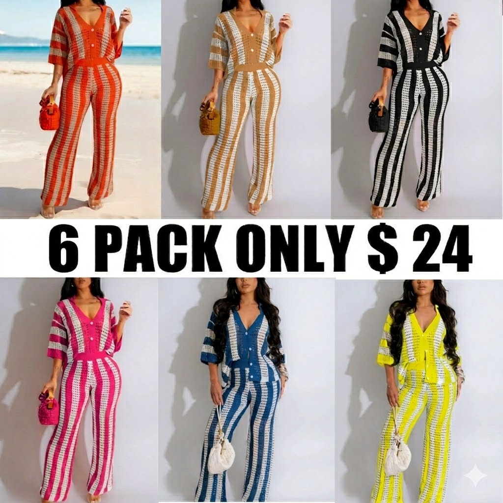 Two-Piece Set Women's Colorblock Striped Print Hollow Out Button Front Top & Wide Leg Pants
