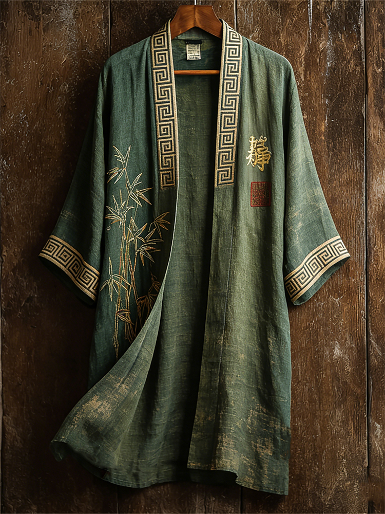 Japanese Bamboo Calligraphy Art Contrast Flowy Linen Long Kimono