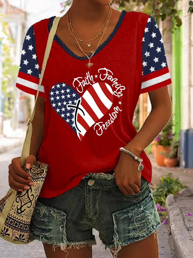 Casual Independence Day (Flag) V Neck Short Sleeve T-shirt
