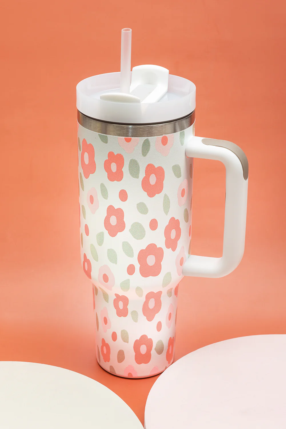 White Floral Leaves Print Stainless Large Portable Cup 40oz