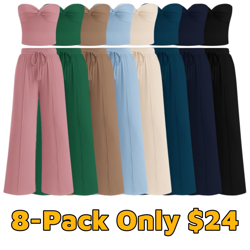 Two Piece Sets For Women Summer Ribbed Strapless Twist Knot Tube Top Pants Set Casual 2026 Beach Vacation Outfits