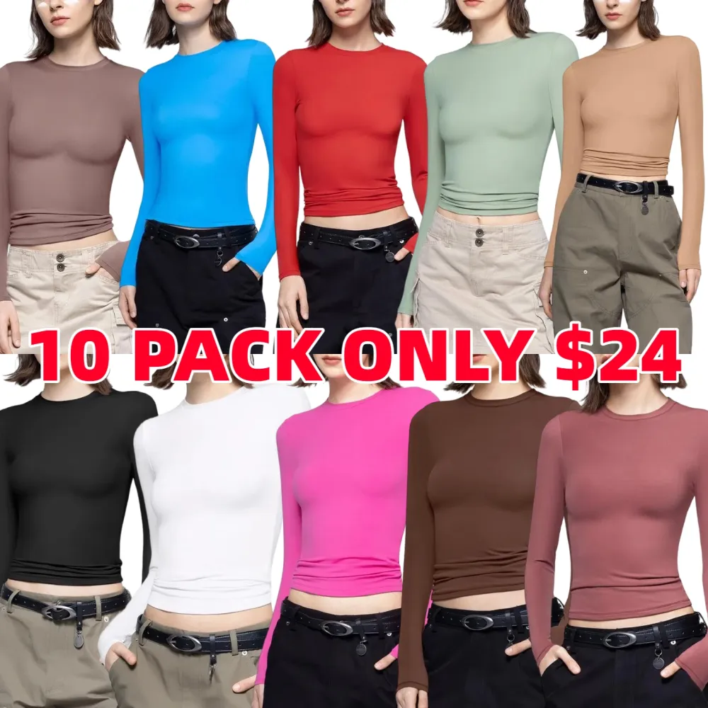 Long Sleeve Basic Tee Women's Crew Neck Slim Fit Tops Streetwear Minimalist Double Layer Compression Tee