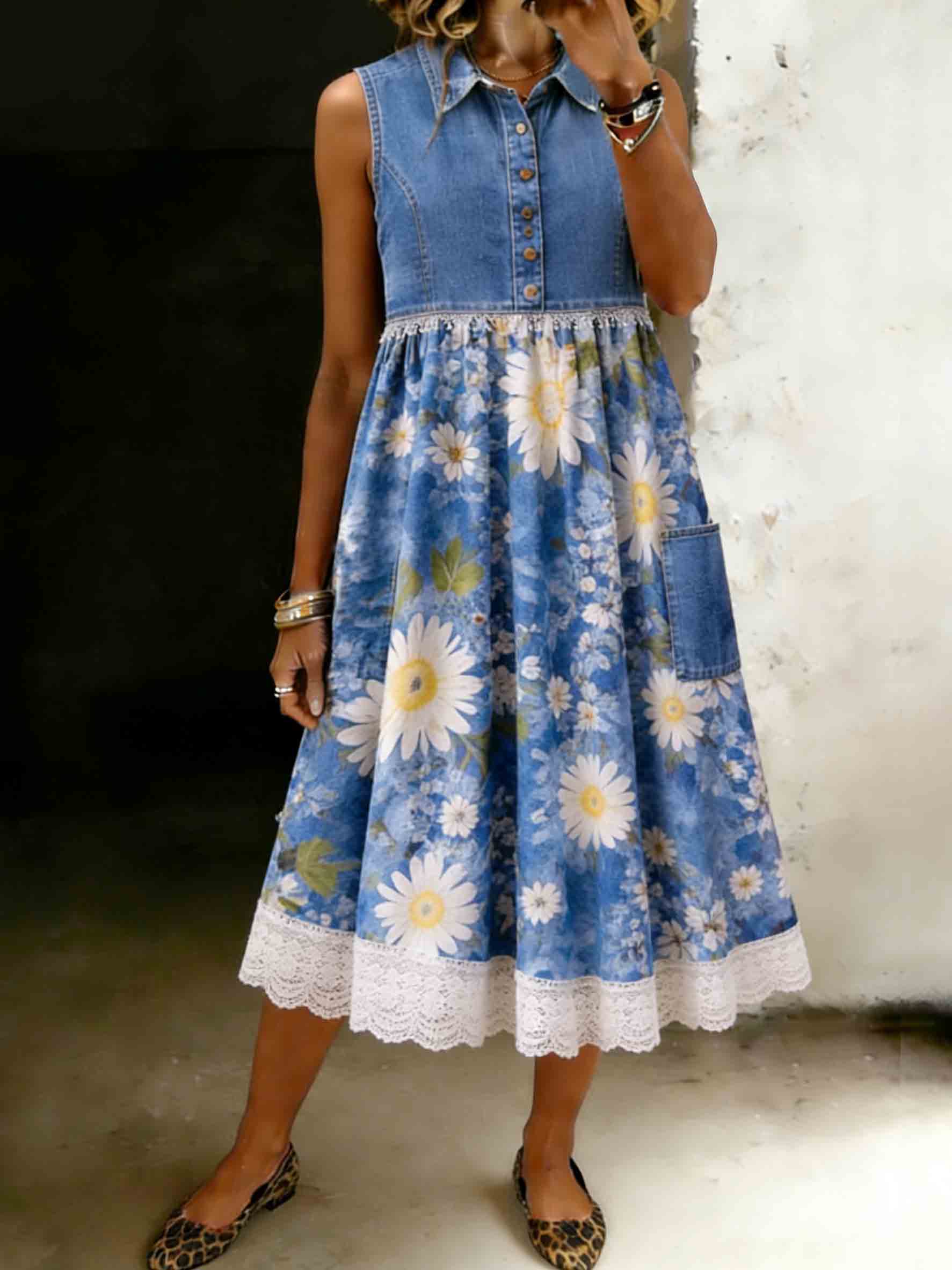 Women's Denim Sleeveless Midi Floral White Lace Trim Dress