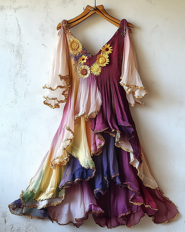 Gilded Ruffled Daisy Embroidery Gradient Irregular Dress 5f47