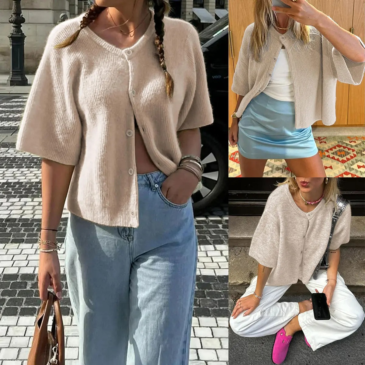 Women's Lightweight Short Sleeve Cardigan Soft Ribbed Knit Button Down Layering Top