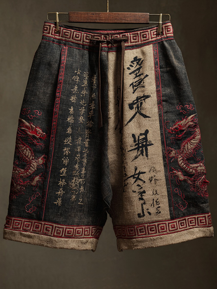 Men's Japanese Calligraphy And Dragon Art Linen Shorts