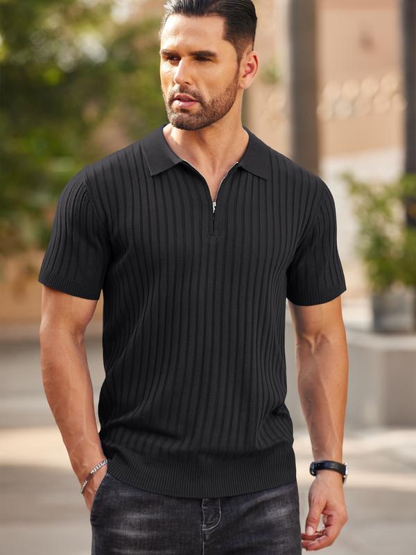 Men's Zipper Polo Shirts Short Sleeve Ribbed Knit Polo T Shirts Fashion Casual Golf Shirts