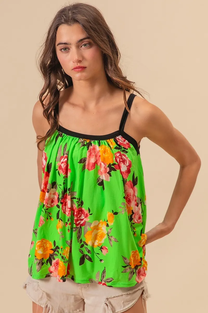 Floral Print Jersey Knit Gathering Cami Top