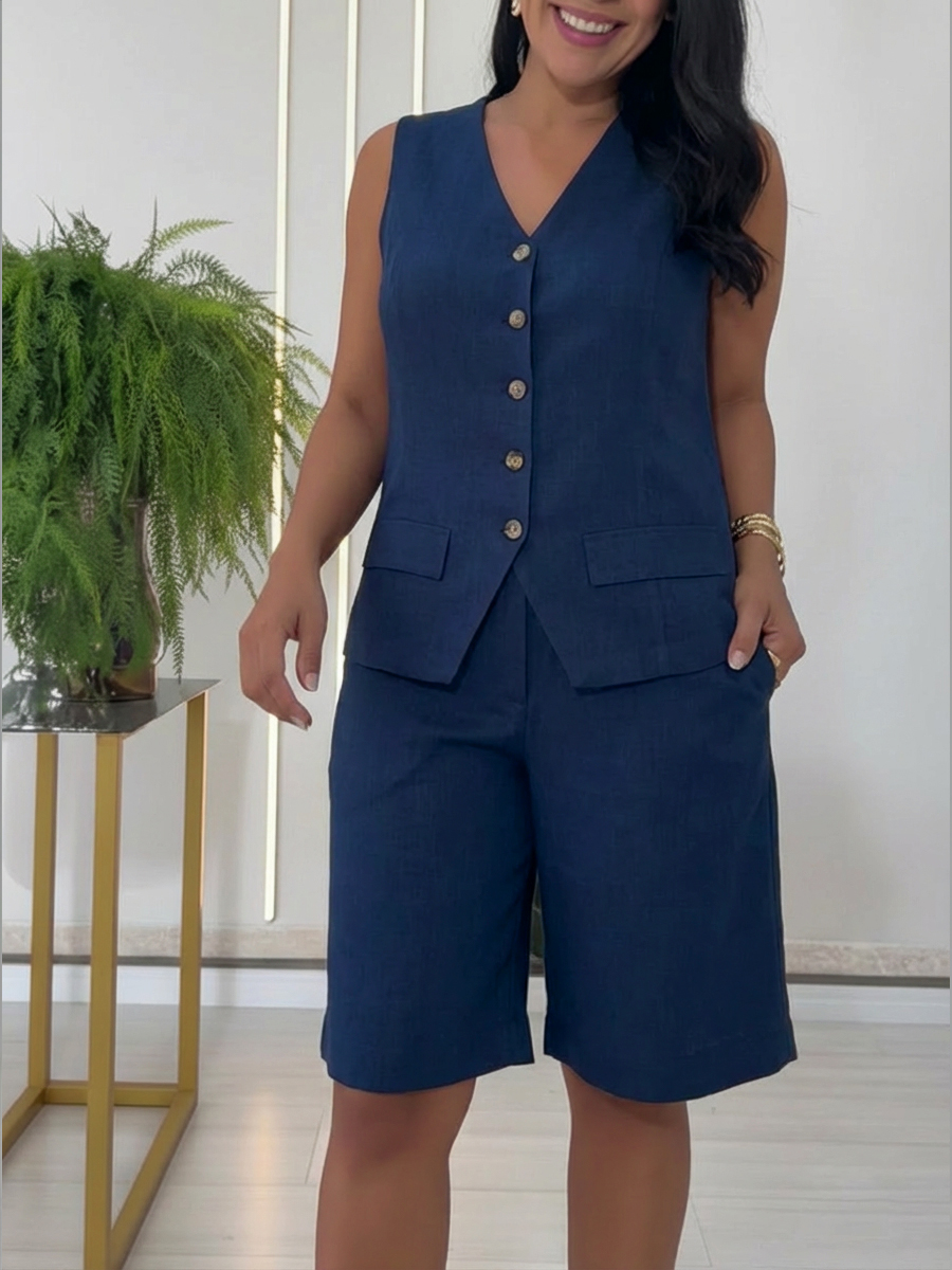 Casual Linen And Cotton Vest And Bermuda Shorts Two-piece Set