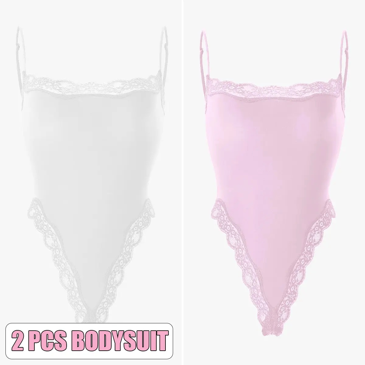 KatchMe Lace Series Women's Simple Style Spaghetti Strap Lace Trim Breathable Bodysuit