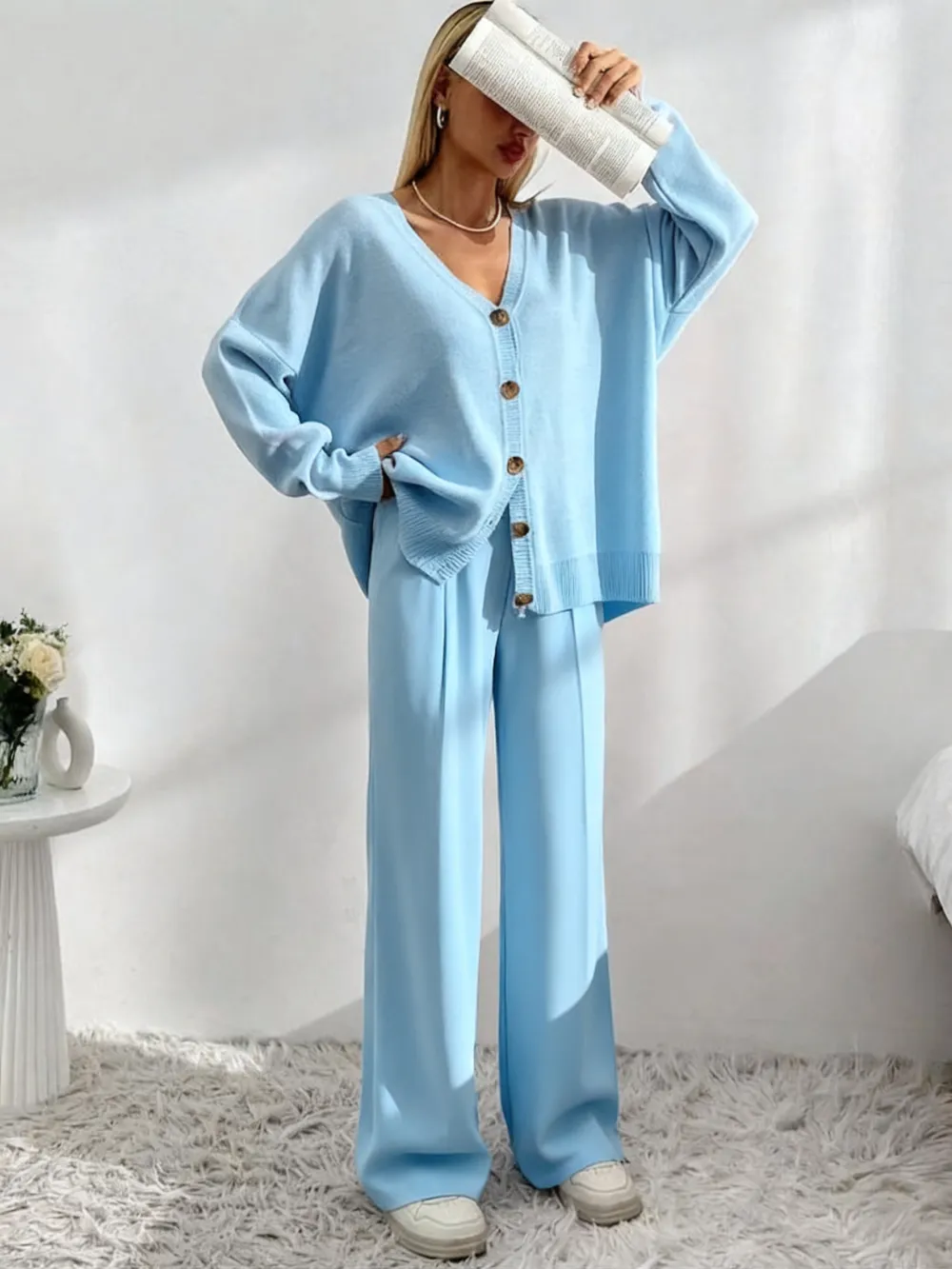 Women’s Knit Cardigan & Wide-Leg Pants Set