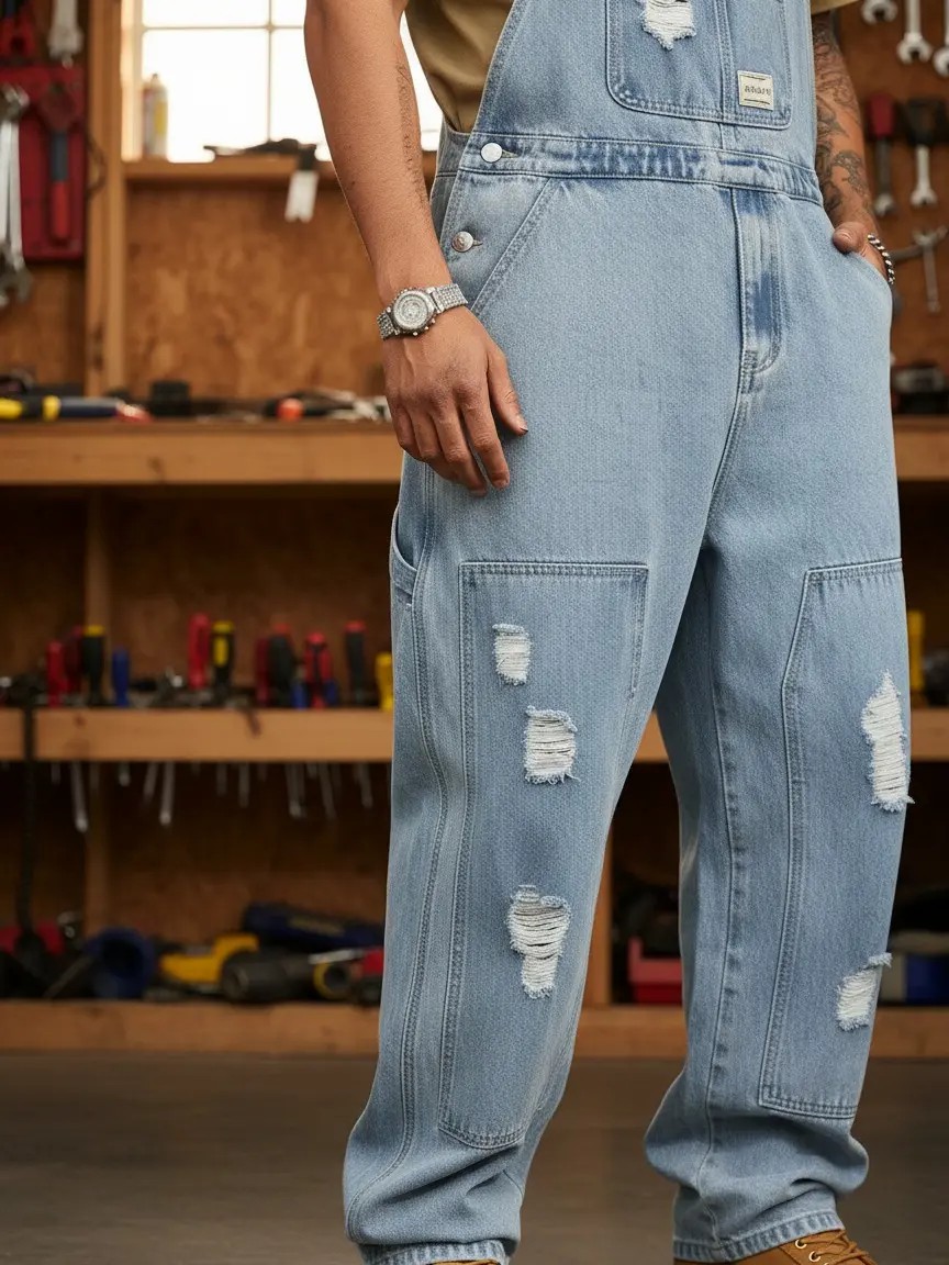 Spring Men's Letter Print Distressed Casual Versatile Denim Bib Overalls Hang