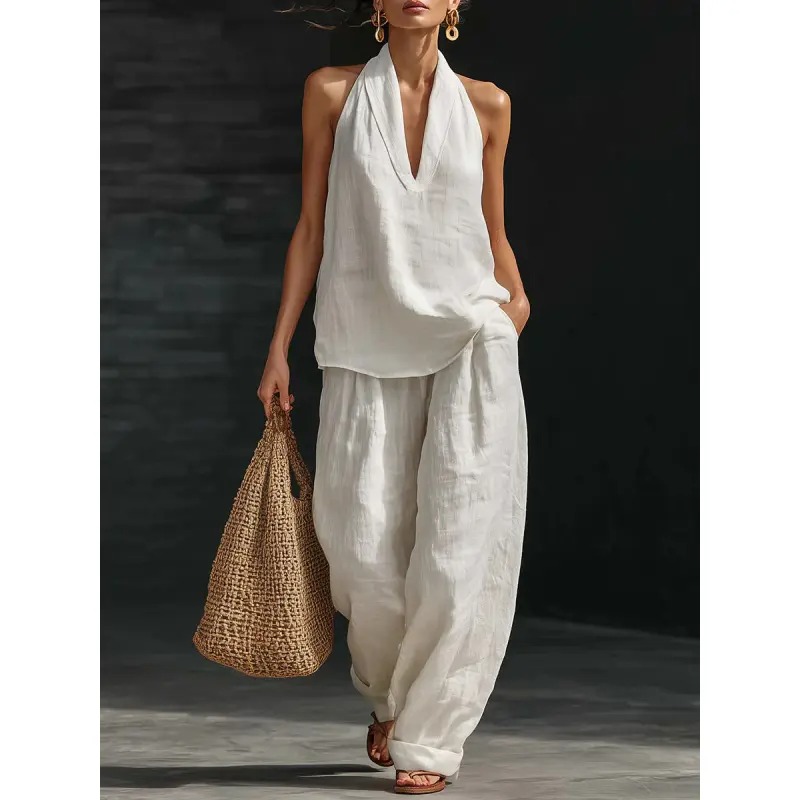 Women's Boho Linen 2 Piece Set - Halter Sleeveless Top & Wide Leg Pants for Beach, Vacation & Brunch