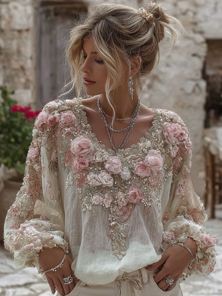 Women's Vintage Pink Rose Embroidery Art Round Neck Linen Blend T-shirt