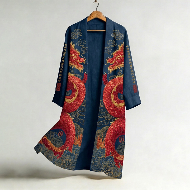 Men's Japanese Dragon Art Print Linen Long Kimono