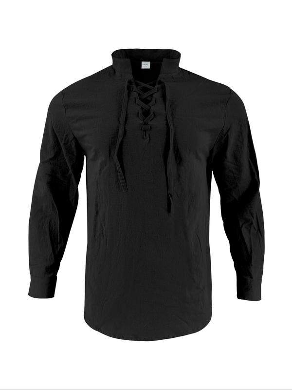 Men's Lightweight Breathable Linen Shirt, Drawstring Collar, Unique Design, Casual Plain Long Sleeve Polo, Perfect for Daily Commute Spring Fall Men's Clothing