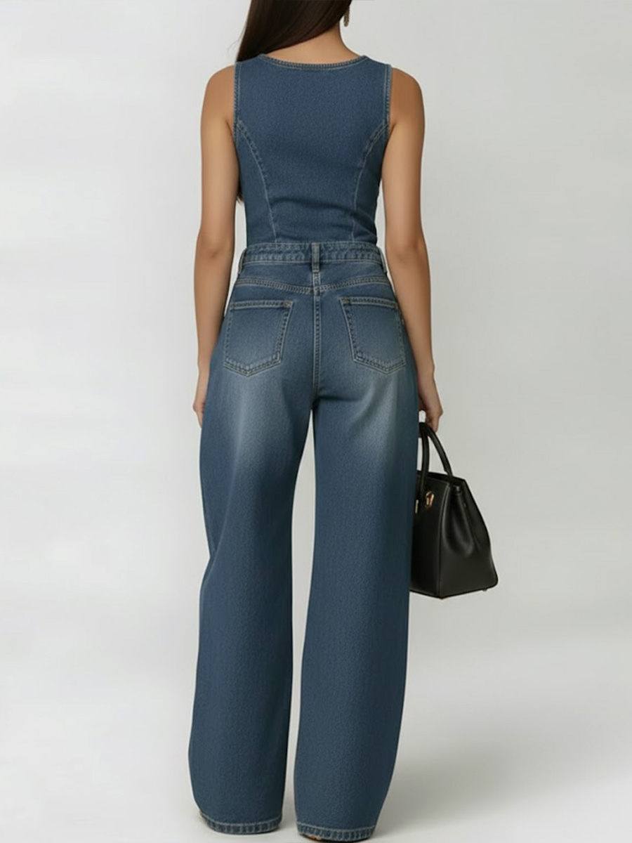 Women's Round Neck Sleeveless Casual Loose Denim Wide-leg Jumpsuit