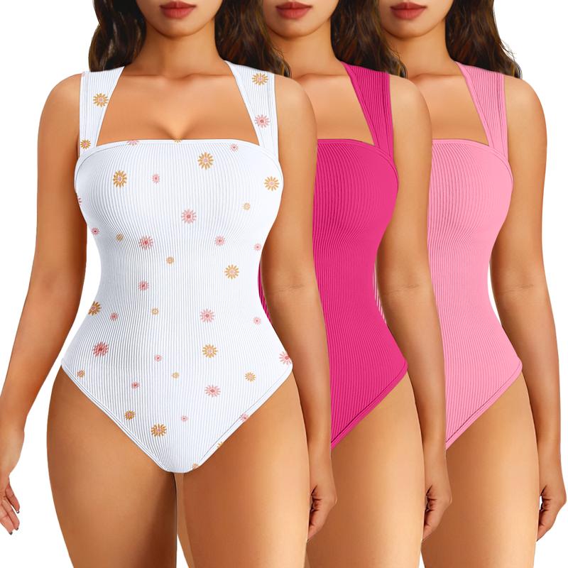 Women's Printed Bodysuit Set Ribbed Square Neck Sleeveless Stretchy Top Nylon Spandex Casual Chic Elegant Comfortable Vacation Style All Seasons